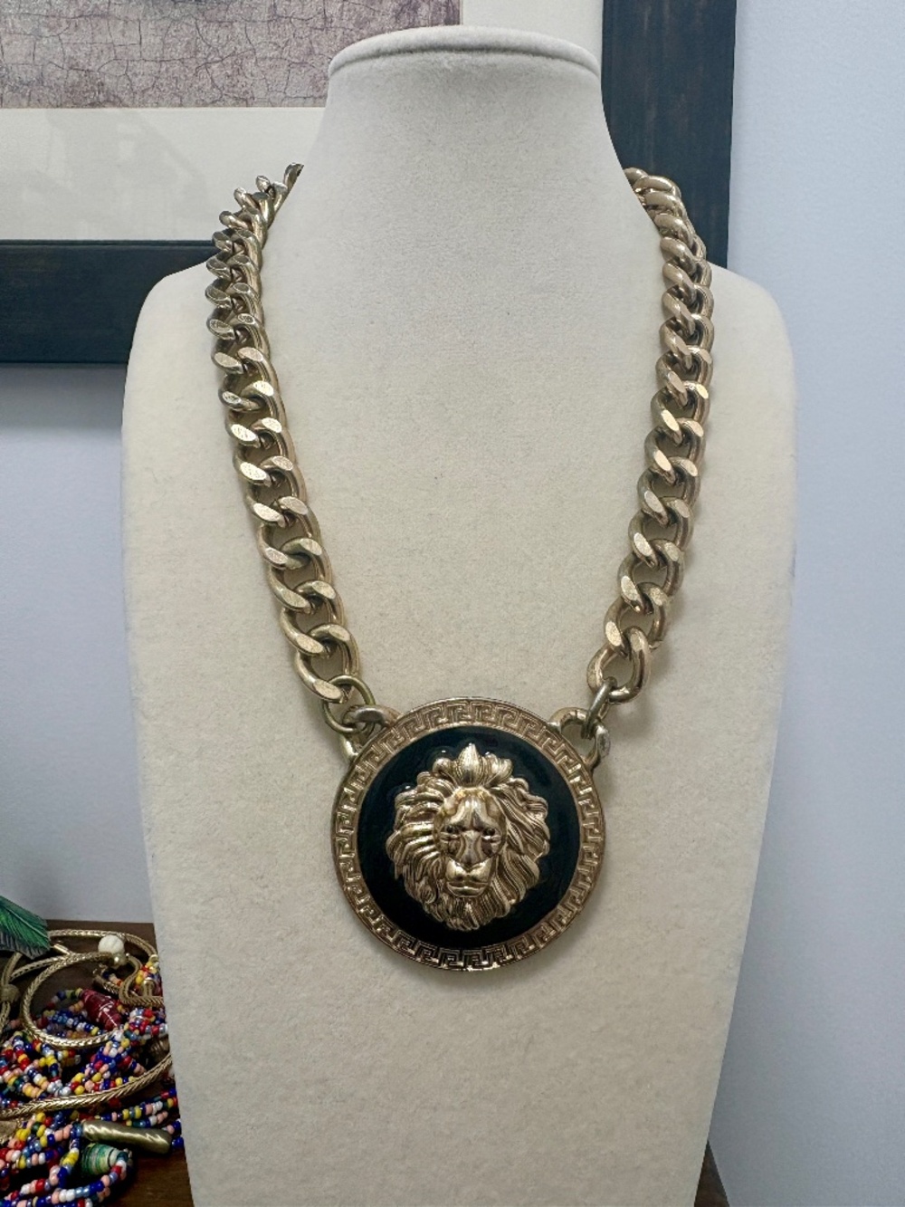 Vintage Black Enamel & Gold Tone Lion Pendant Chain Necklace Greek Key Chunky